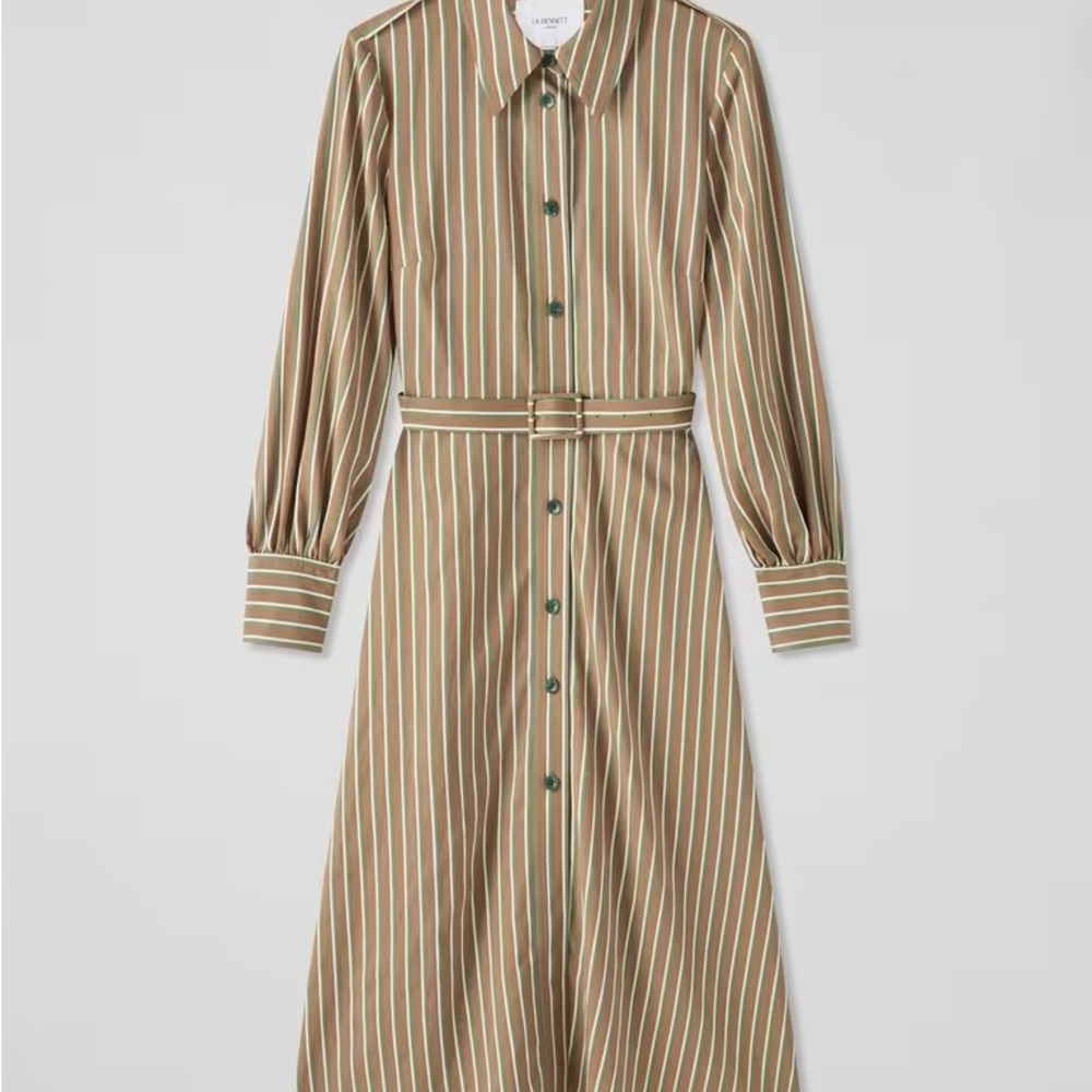 LK Bennett Tan and White Striped Long Sleeve Dress